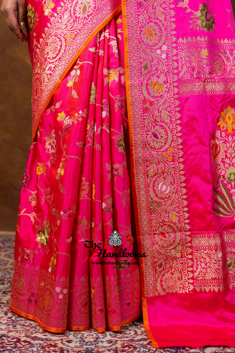 Hot Pink Pure Katan Silk Banarasi Handloom Saree - All Over Kadiyal Jaal Work