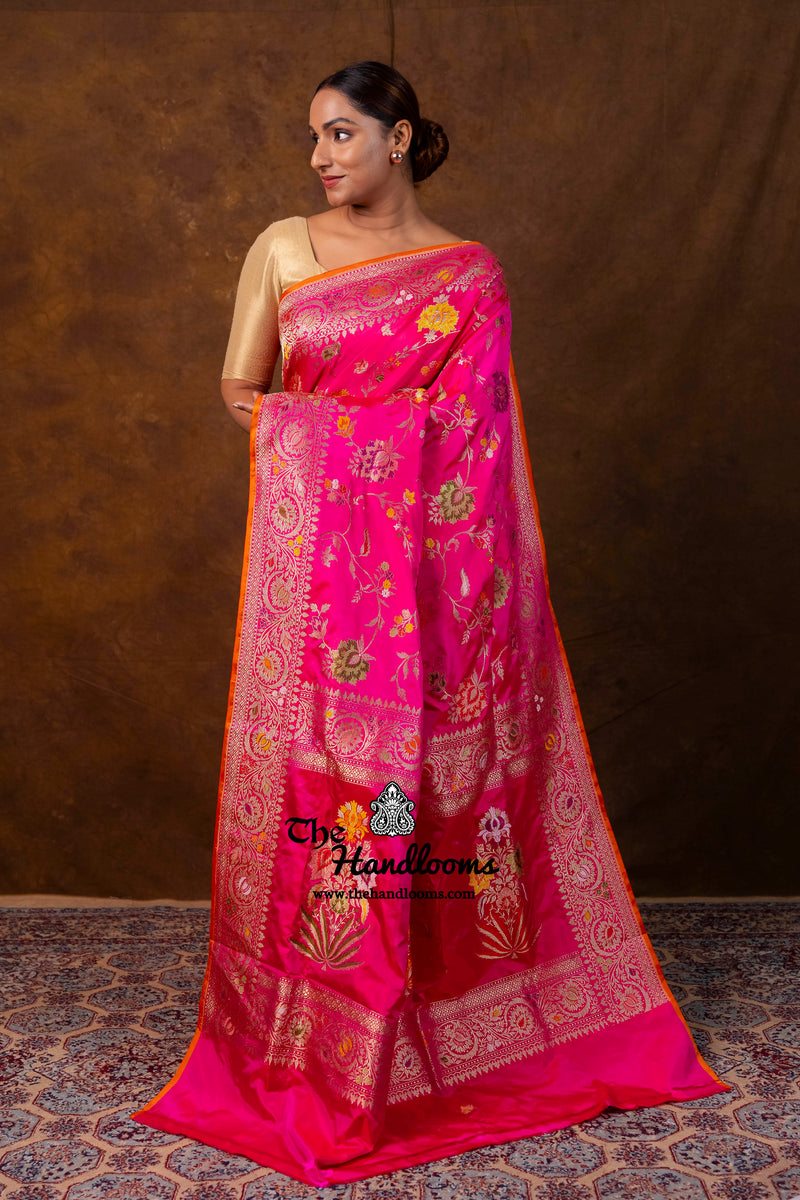 Hot Pink Pure Katan Silk Banarasi Handloom Saree - All Over Kadiyal Jaal Work