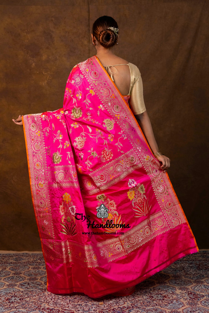 Hot Pink Pure Katan Silk Banarasi Handloom Saree - All Over Kadiyal Jaal Work