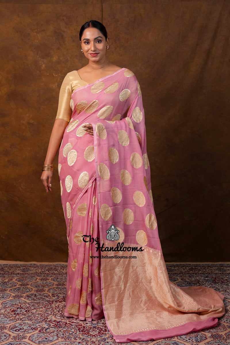 Strawberry Khaddi Georgette Handloom Banarasi Saree - Water Zari