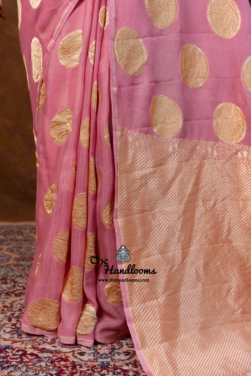 Strawberry Khaddi Georgette Handloom Banarasi Saree - Water Zari