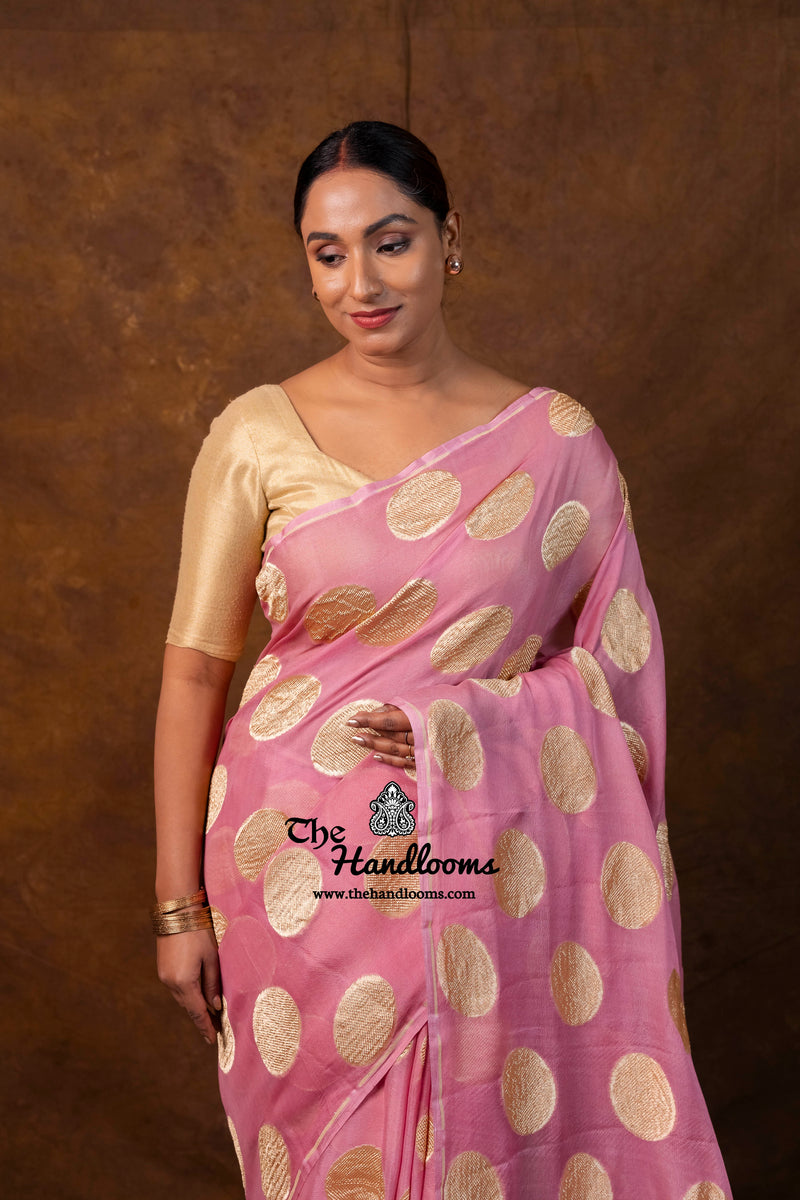 Strawberry Khaddi Georgette Handloom Banarasi Saree - Water Zari