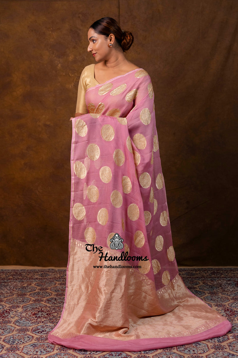 Strawberry Khaddi Georgette Handloom Banarasi Saree - Water Zari
