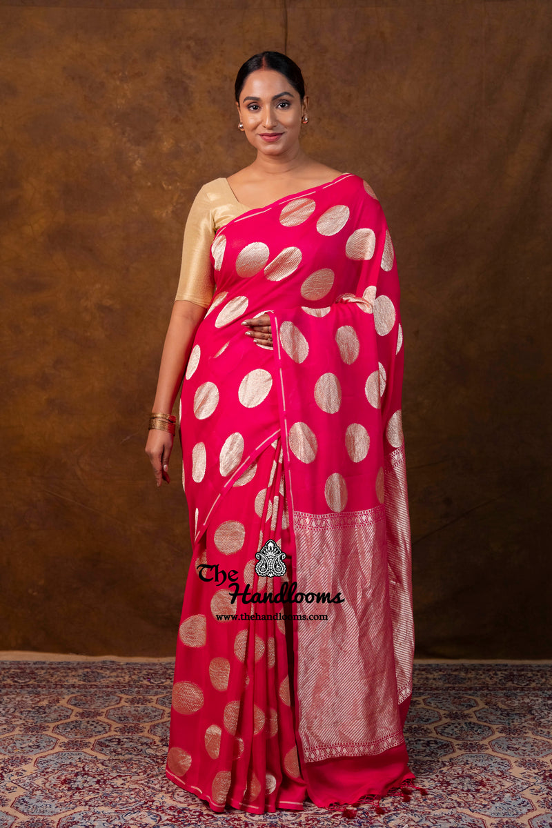 Hot Pink Khaddi Georgette Handloom Banarasi Saree - Water Zari