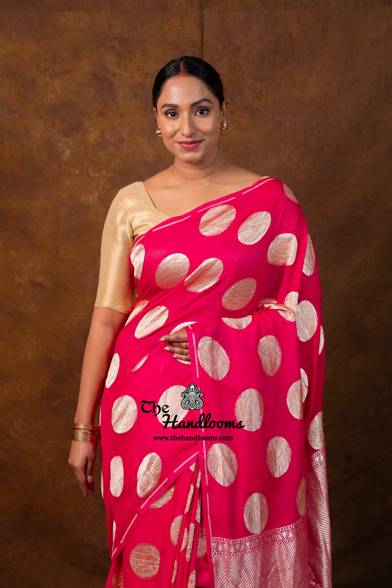 Hot Pink Khaddi Georgette Handloom Banarasi Saree - Water Zari