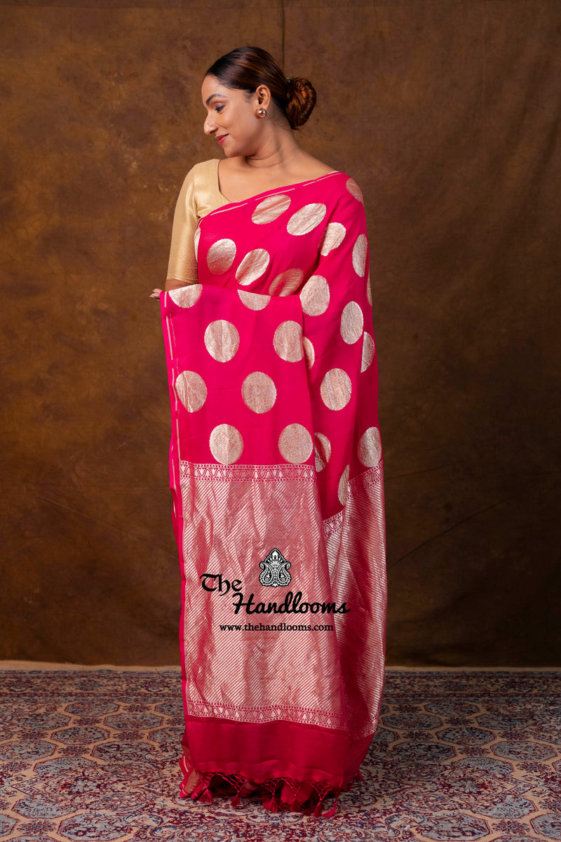 Hot Pink Khaddi Georgette Handloom Banarasi Saree - Water Zari
