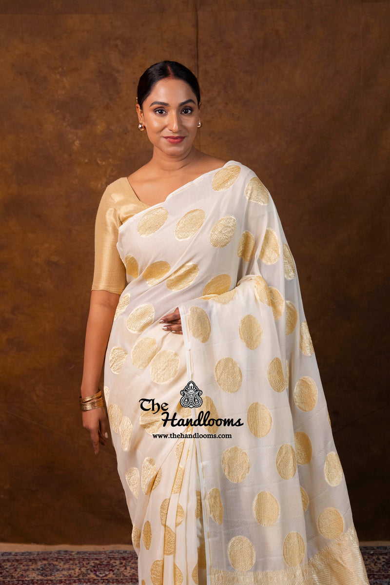 Cream Khaddi Georgette Handloom Banarasi Saree - Water Zari
