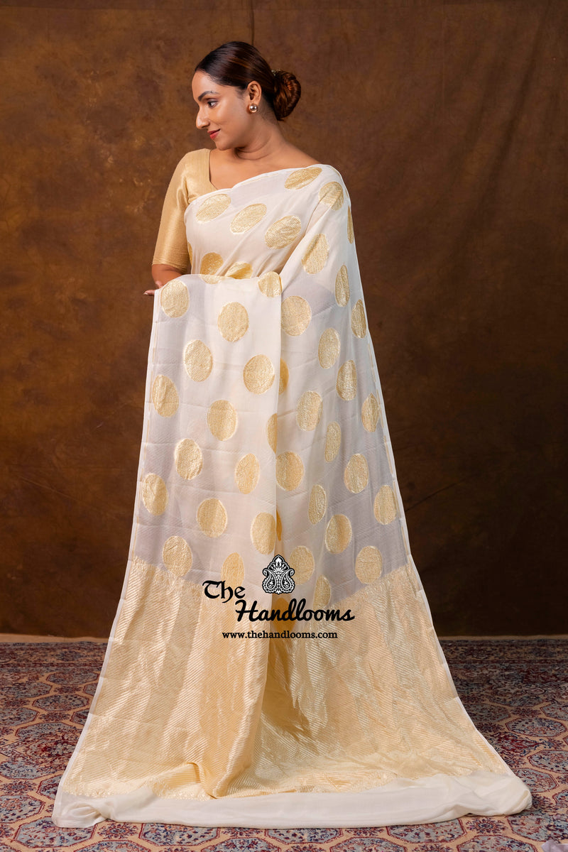 Cream Khaddi Georgette Handloom Banarasi Saree - Water Zari