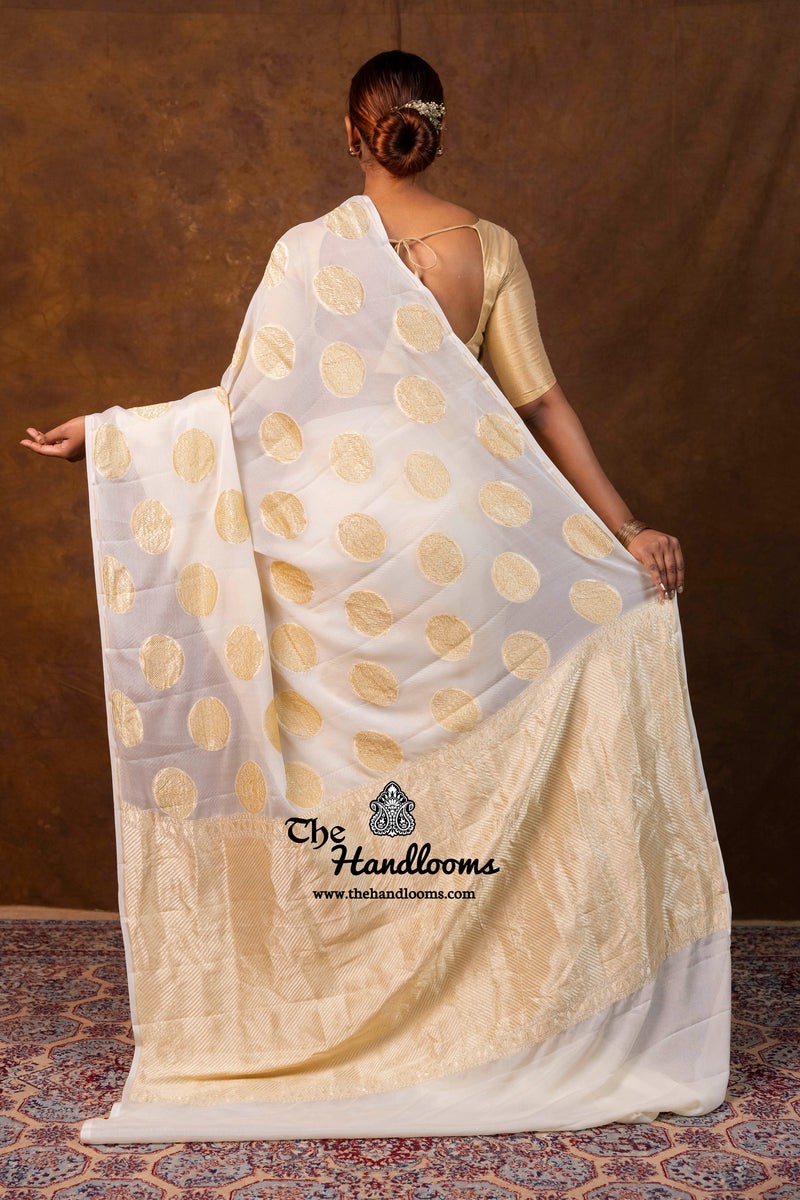 Cream Khaddi Georgette Handloom Banarasi Saree - Water Zari