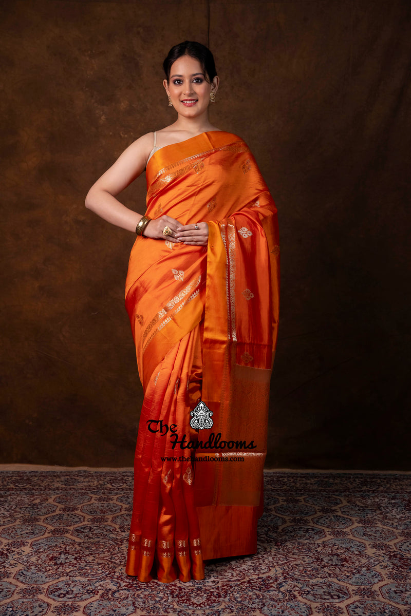 Orange Pure Mango Silk Banarasi Handloom Saree
