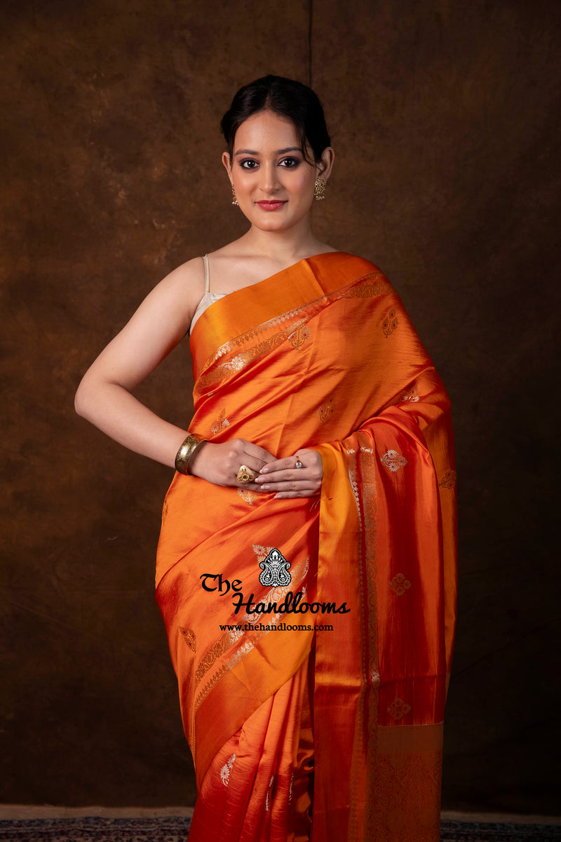 Orange Pure Mango Silk Banarasi Handloom Saree