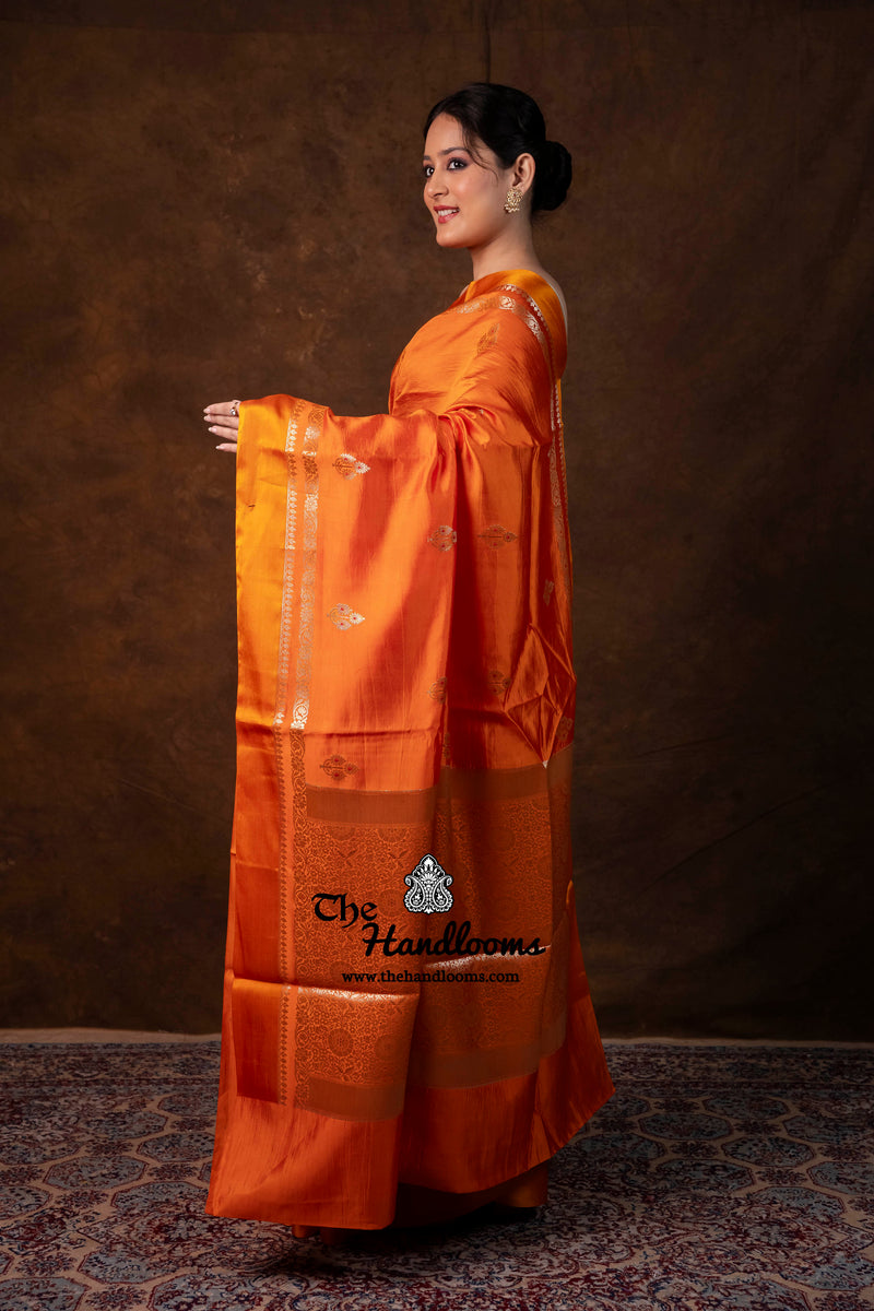 Orange Pure Mango Silk Banarasi Handloom Saree