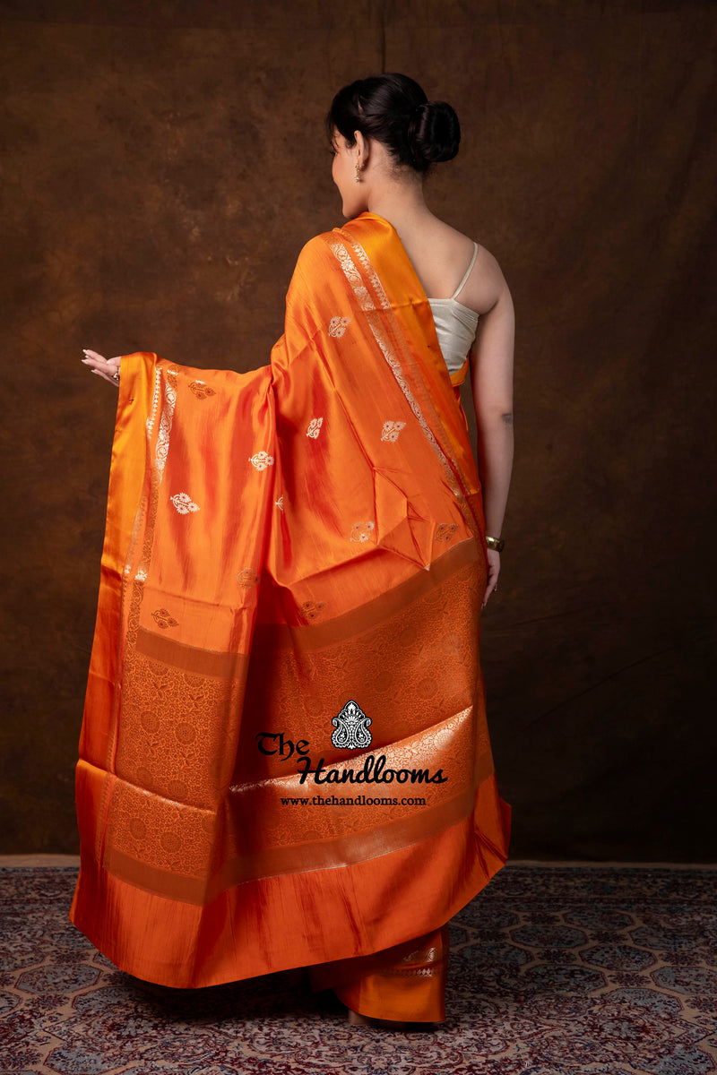 Orange Pure Mango Silk Banarasi Handloom Saree