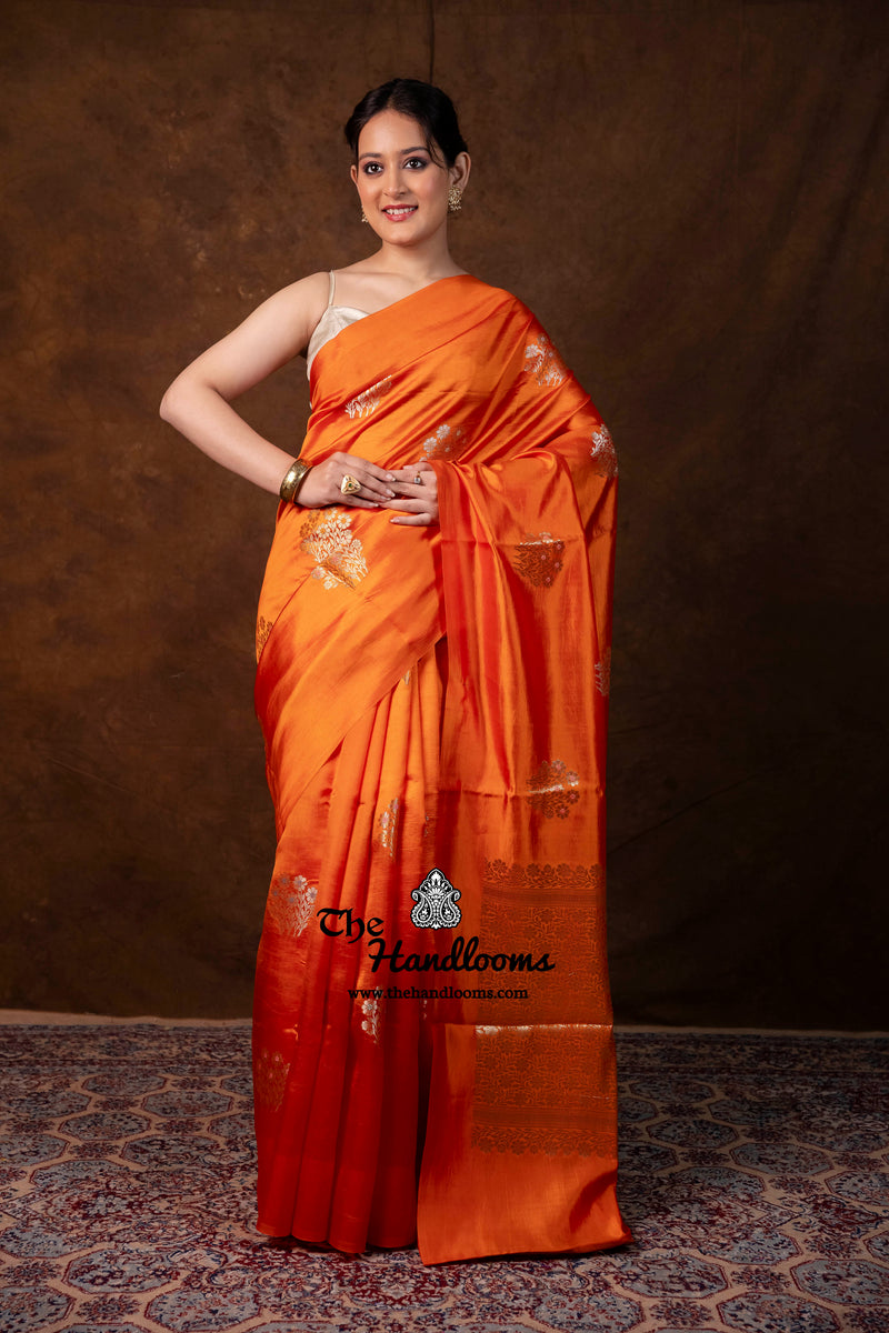 Orange Pure Mango Silk Banarasi Handloom Saree