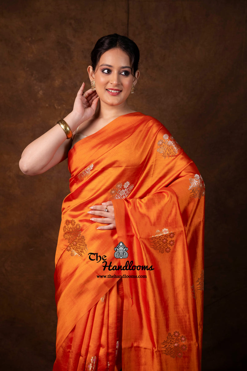 Orange Pure Mango Silk Banarasi Handloom Saree