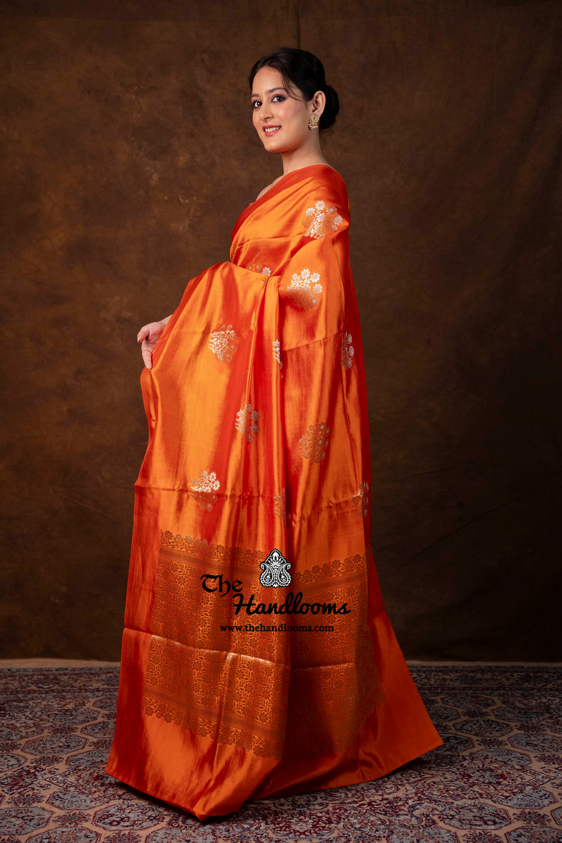 Orange Pure Mango Silk Banarasi Handloom Saree