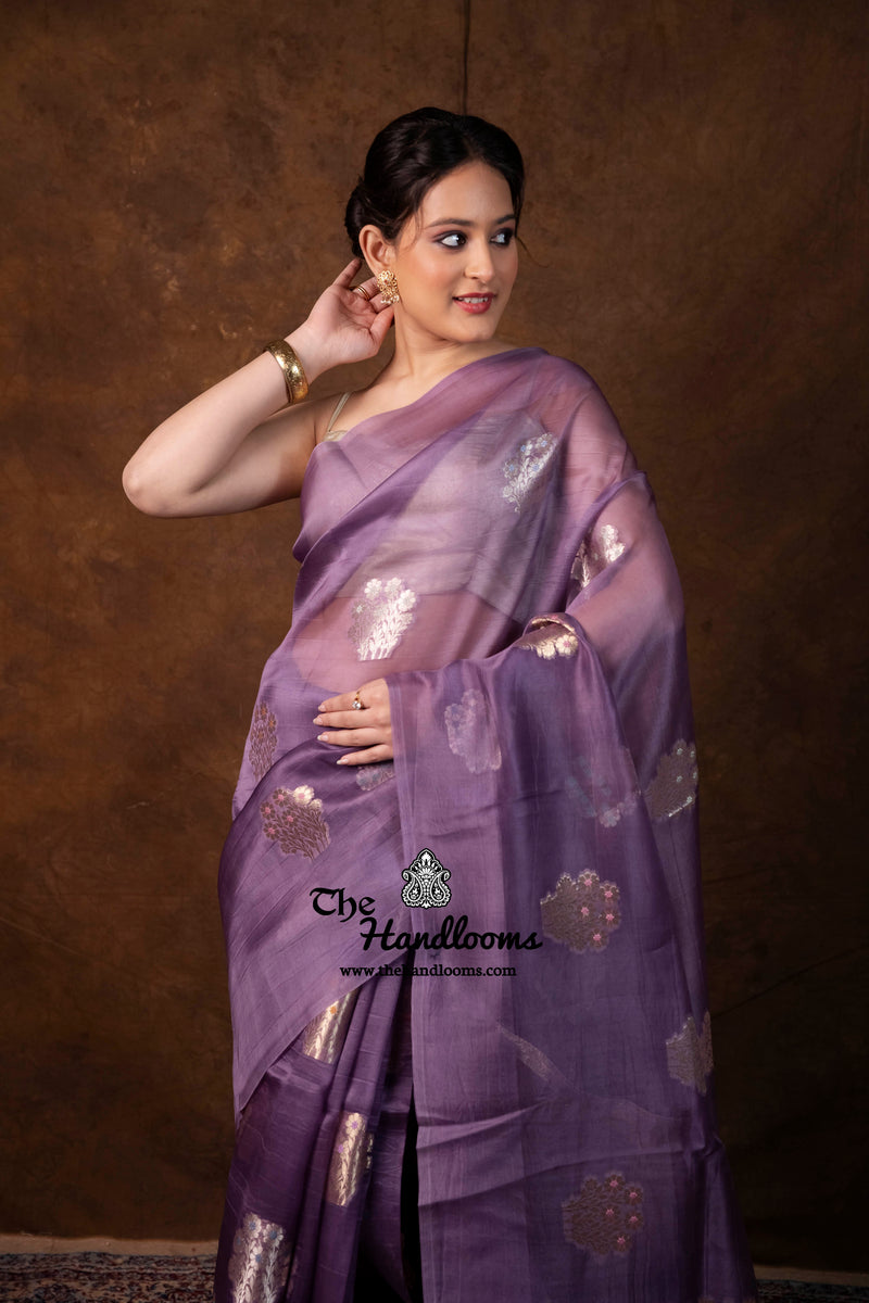 Lilac Pure Kora Silk Handloom Banarasi Saree