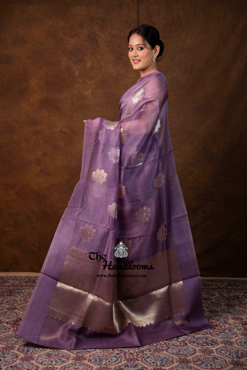 Lilac Pure Kora Silk Handloom Banarasi Saree
