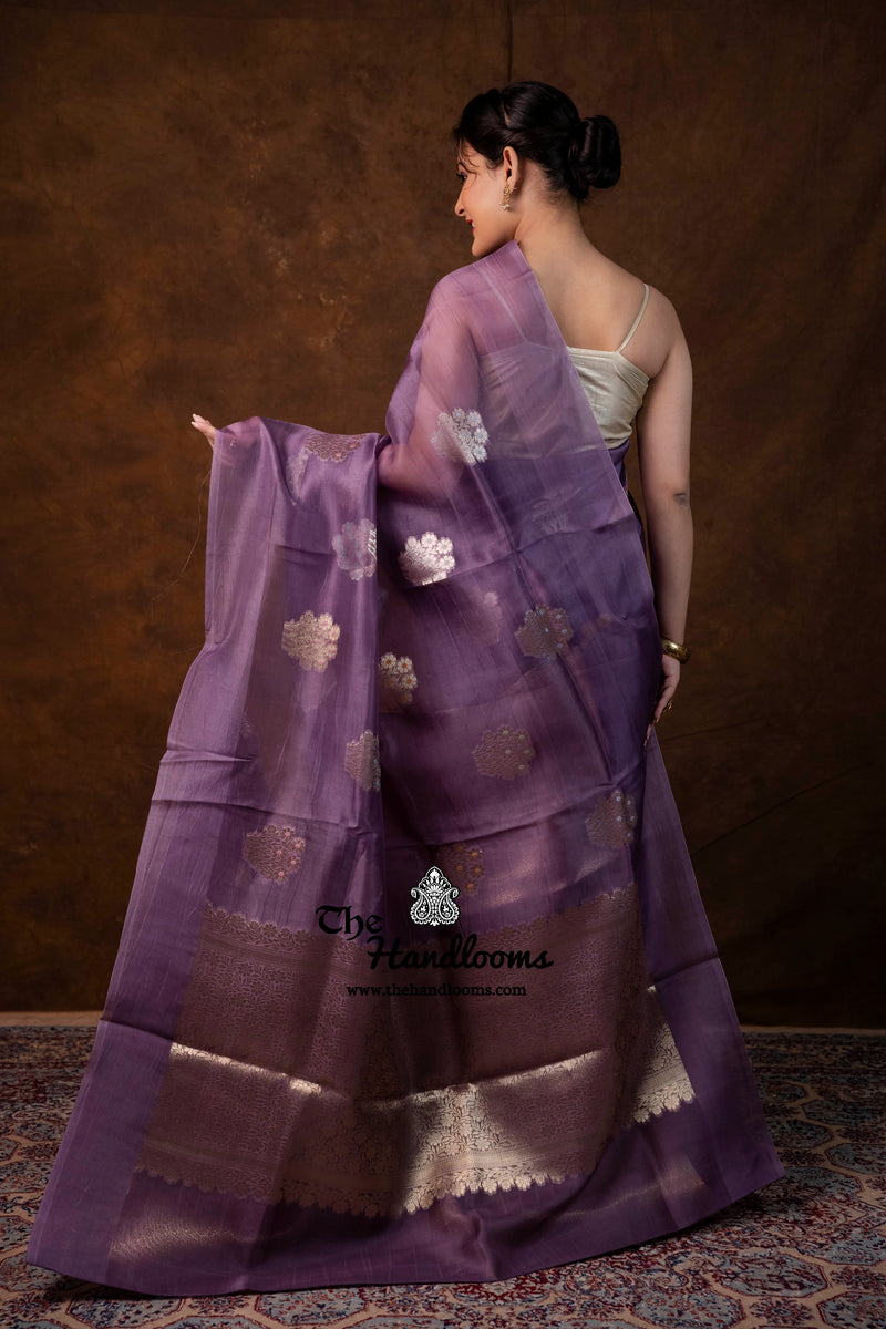 Lilac Pure Kora Silk Handloom Banarasi Saree