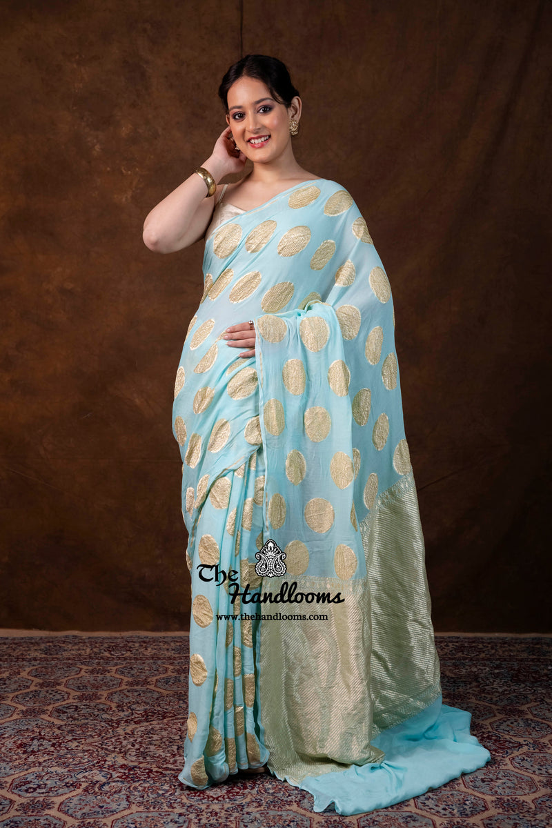Aqua Blue Khaddi Georgette Handloom Banarasi Saree - Water Zari