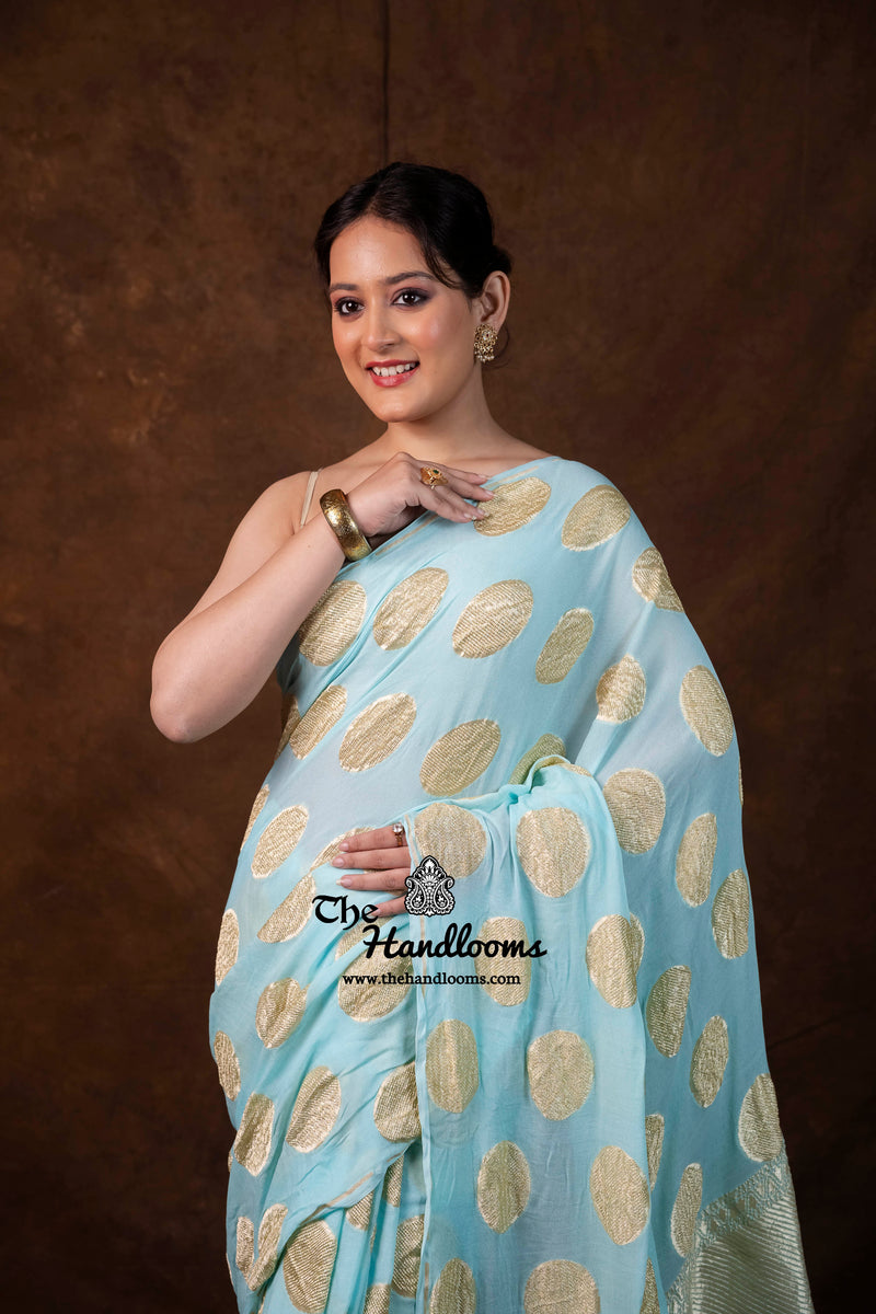 Aqua Blue Khaddi Georgette Handloom Banarasi Saree - Water Zari