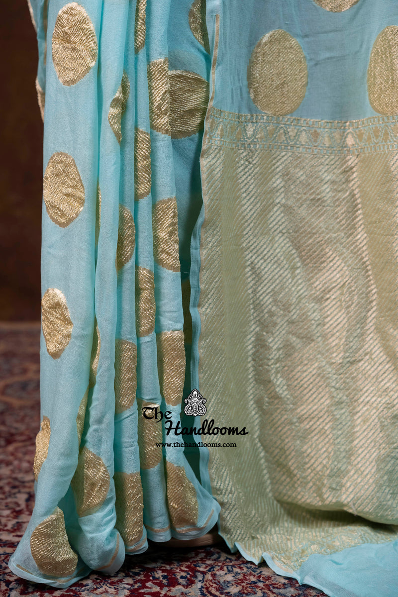 Aqua Blue Khaddi Georgette Handloom Banarasi Saree - Water Zari