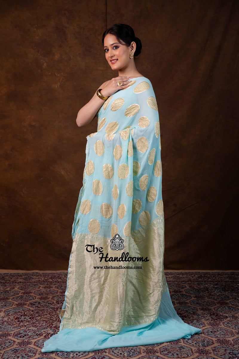 Aqua Blue Khaddi Georgette Handloom Banarasi Saree - Water Zari