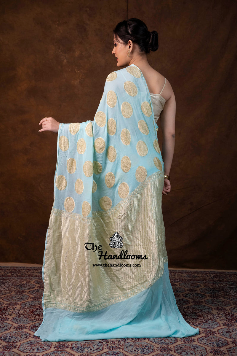 Aqua Blue Khaddi Georgette Handloom Banarasi Saree - Water Zari