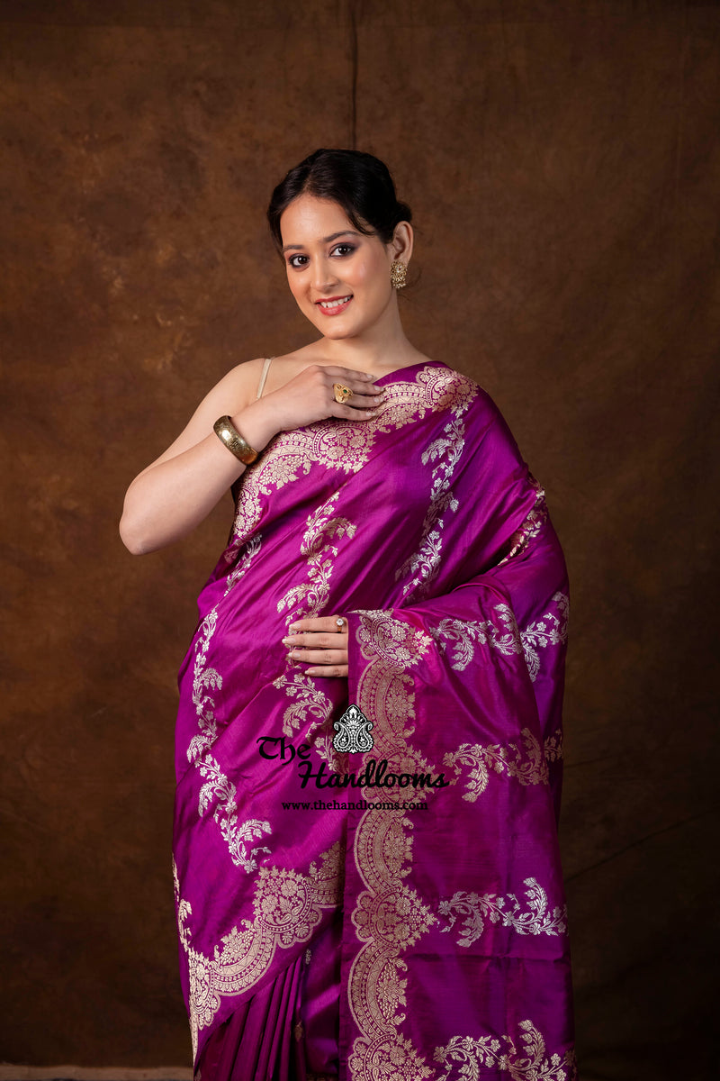 Magenta Pure Katan Silk Banarasi Handloom Saree - All Over Soona Roopa Kadua Stripe