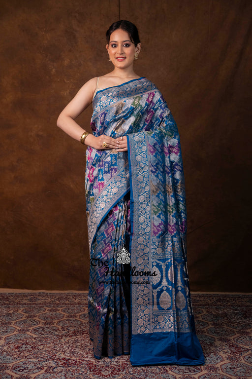 Multicolor Pure Katan Silk Banarasi Handloom Saree - All over Jaal Work With Rangkart - The Handlooms