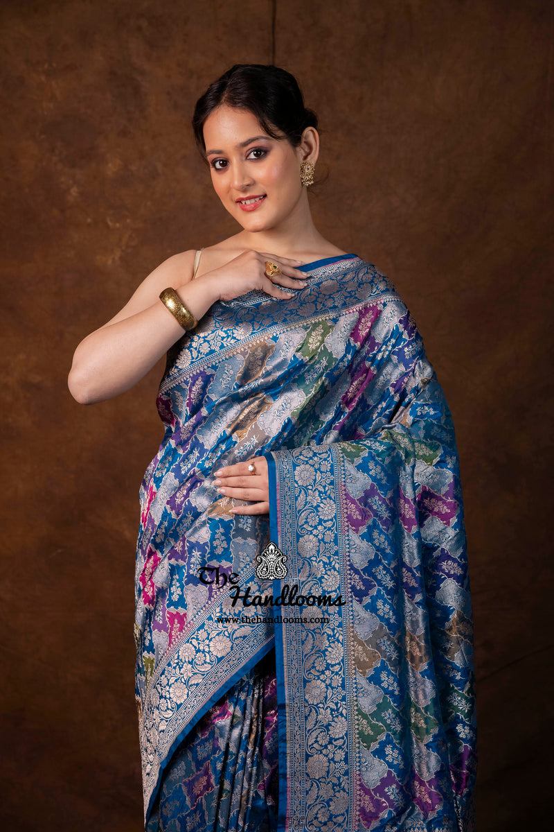 Multicolor Pure Katan Silk Banarasi Handloom Saree - All over Jaal Work With Rangkart - The Handlooms