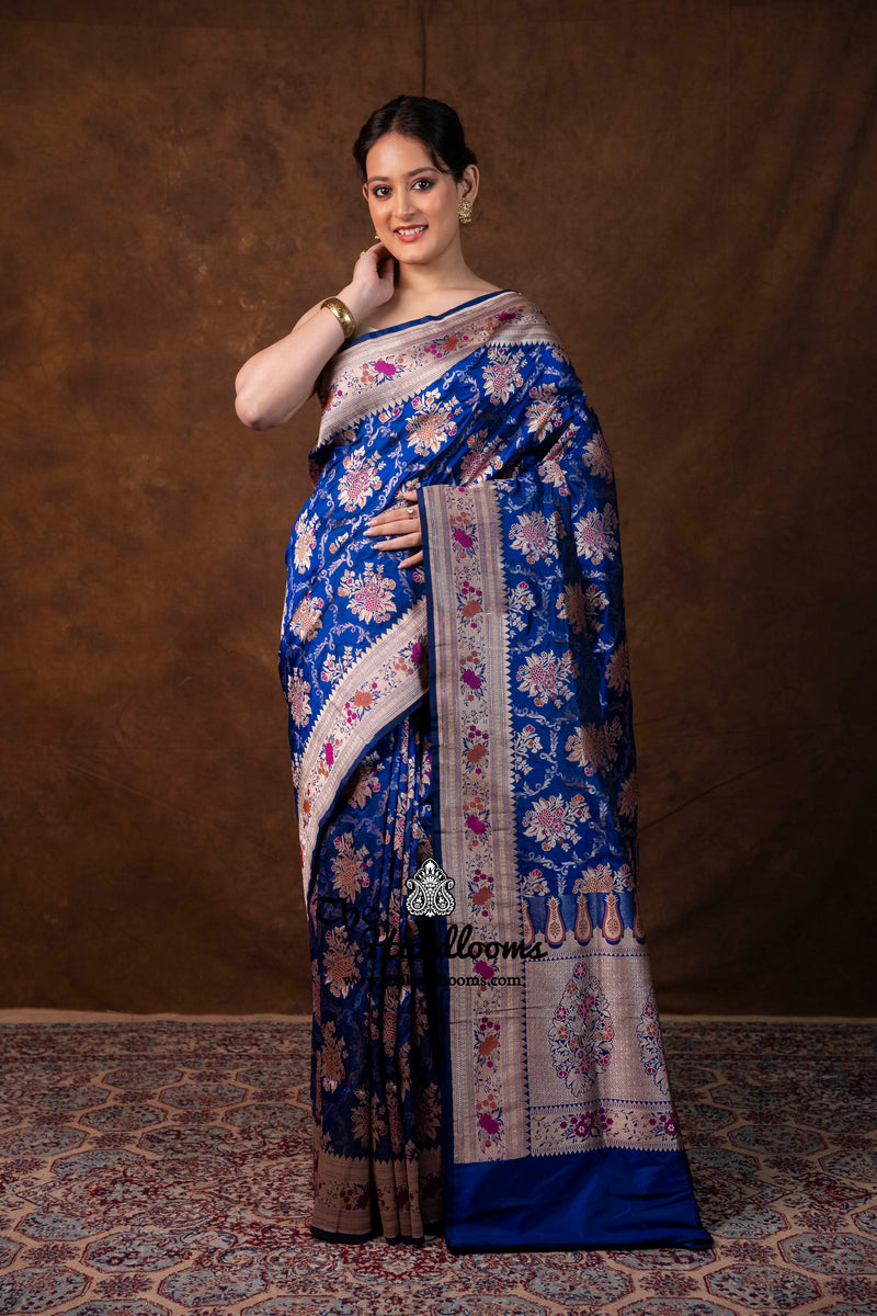 Deep Royal Blue Pure Katan Silk Banarasi Handloom Saree - All Over Jaal Work With Meenakari