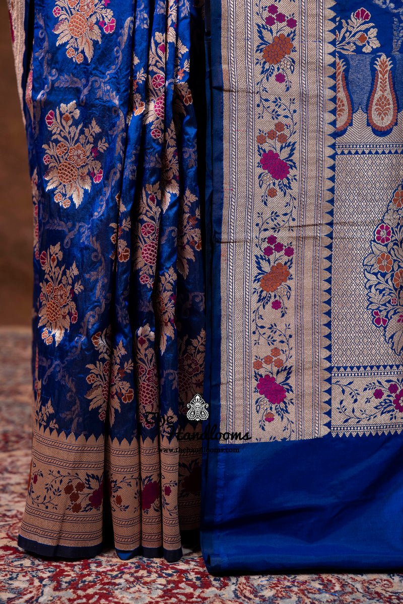 Deep Royal Blue Pure Katan Silk Banarasi Handloom Saree - All Over Jaal Work With Meenakari
