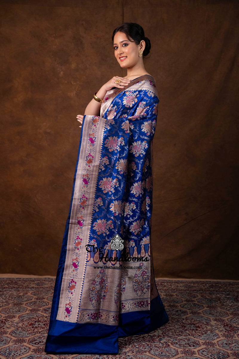 Deep Royal Blue Pure Katan Silk Banarasi Handloom Saree - All Over Jaal Work With Meenakari