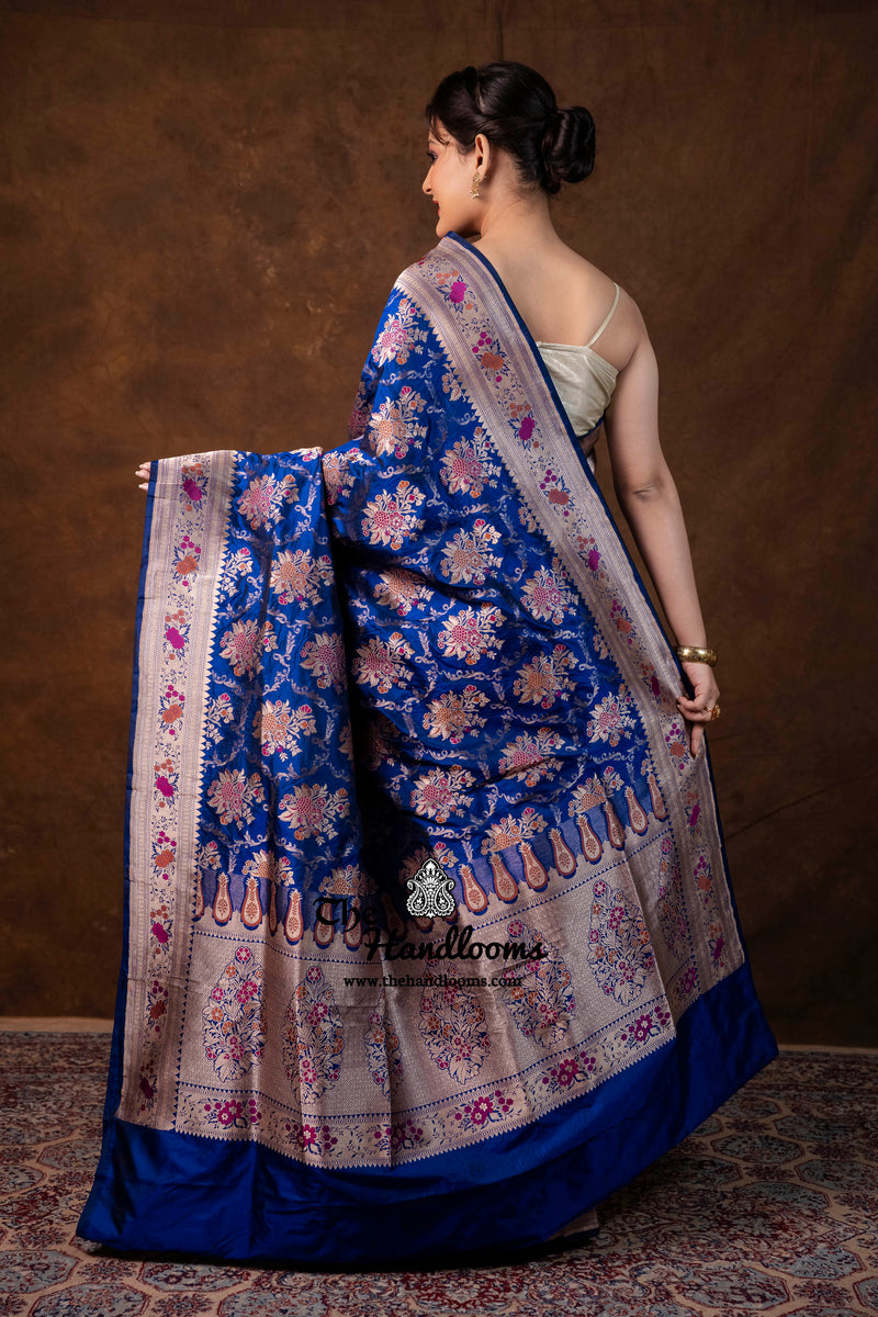 Deep Royal Blue Pure Katan Silk Banarasi Handloom Saree - All Over Jaal Work With Meenakari