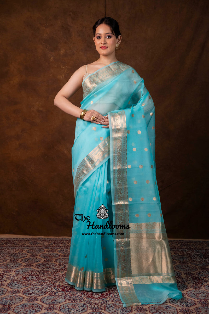 Aqua Blue Pure Kora Silk Handloom Banarasi Saree