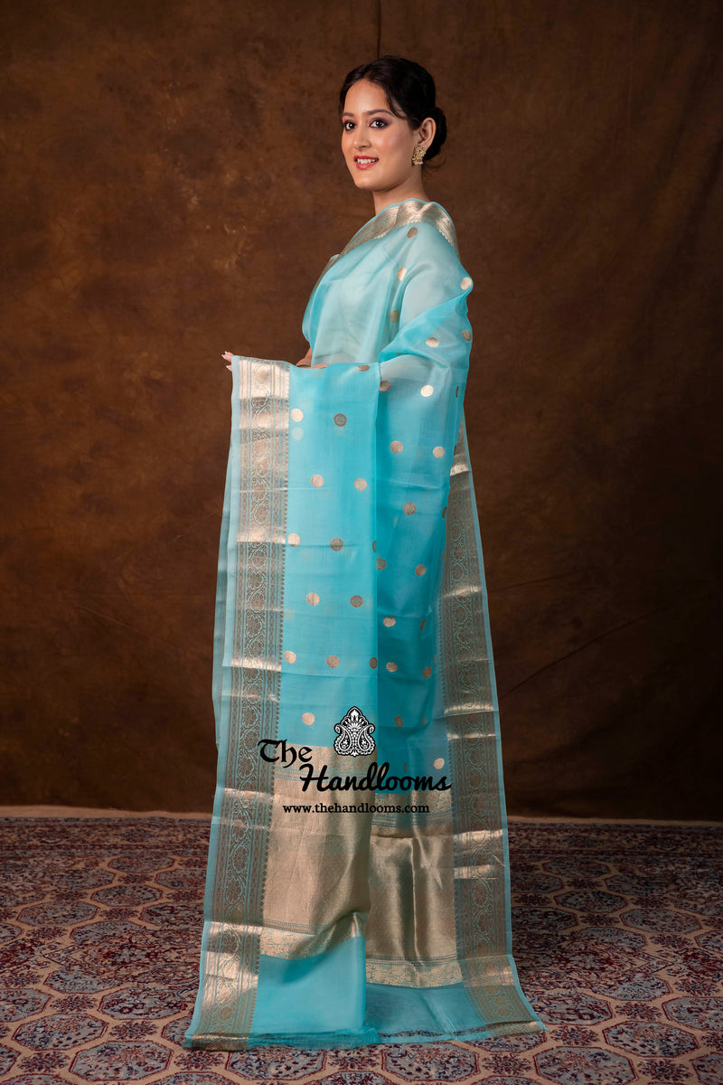 Aqua Blue Pure Kora Silk Handloom Banarasi Saree