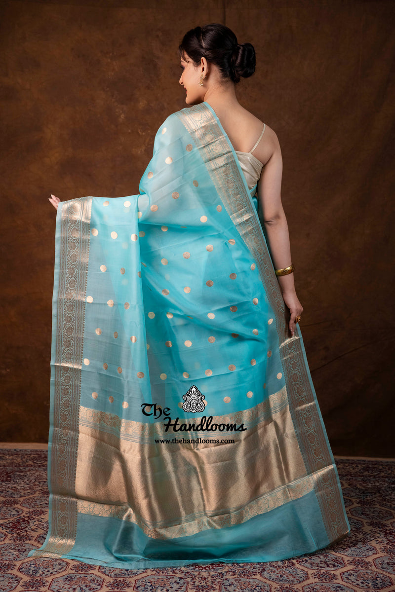 Aqua Blue Pure Kora Silk Handloom Banarasi Saree