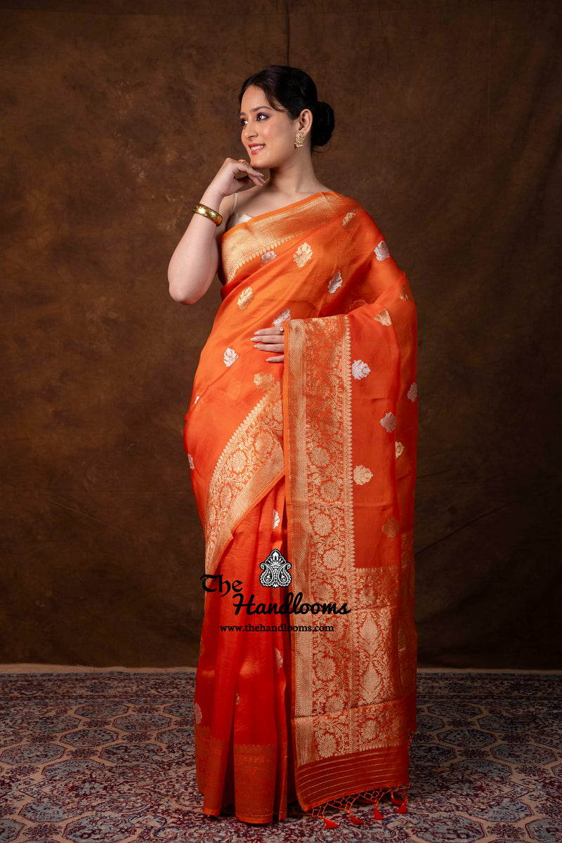 Orange Pure Kora Silk Handloom Banarasi Saree