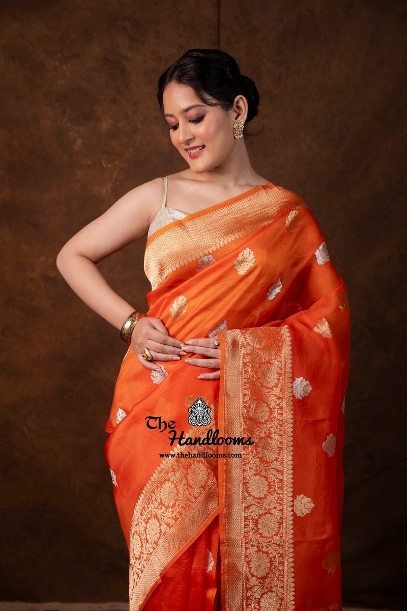 Orange Pure Kora Silk Handloom Banarasi Saree