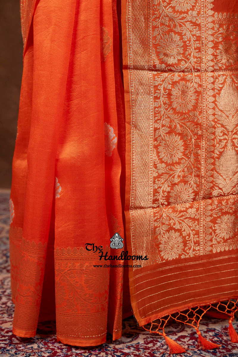 Orange Pure Kora Silk Handloom Banarasi Saree