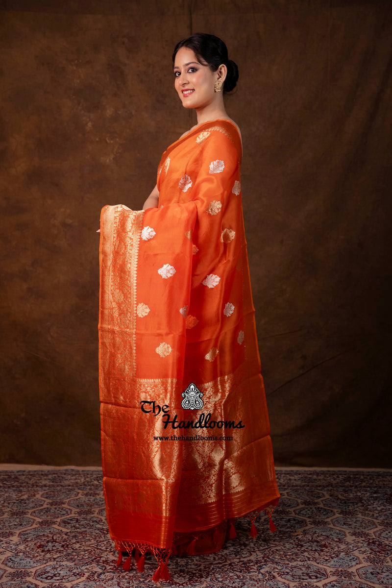 Orange Pure Kora Silk Handloom Banarasi Saree