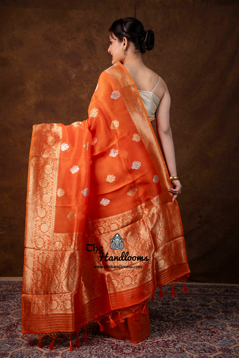 Orange Pure Kora Silk Handloom Banarasi Saree