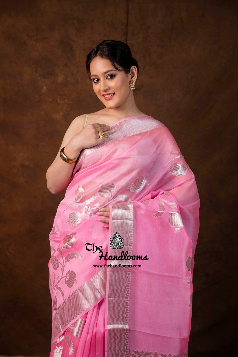 Pink Pure Kora Silk Handloom Banarasi Saree