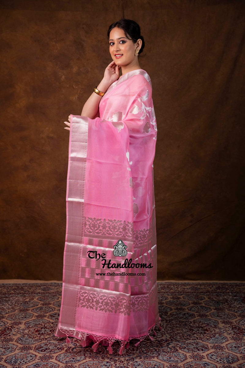 Pink Pure Kora Silk Handloom Banarasi Saree