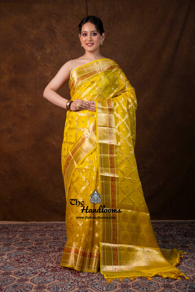 Yellow Pure Kora Silk Handloom Banarasi Saree