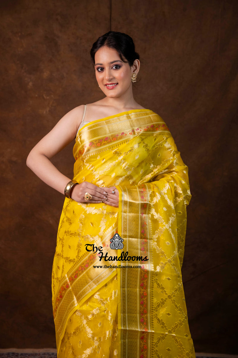 Yellow Pure Kora Silk Handloom Banarasi Saree