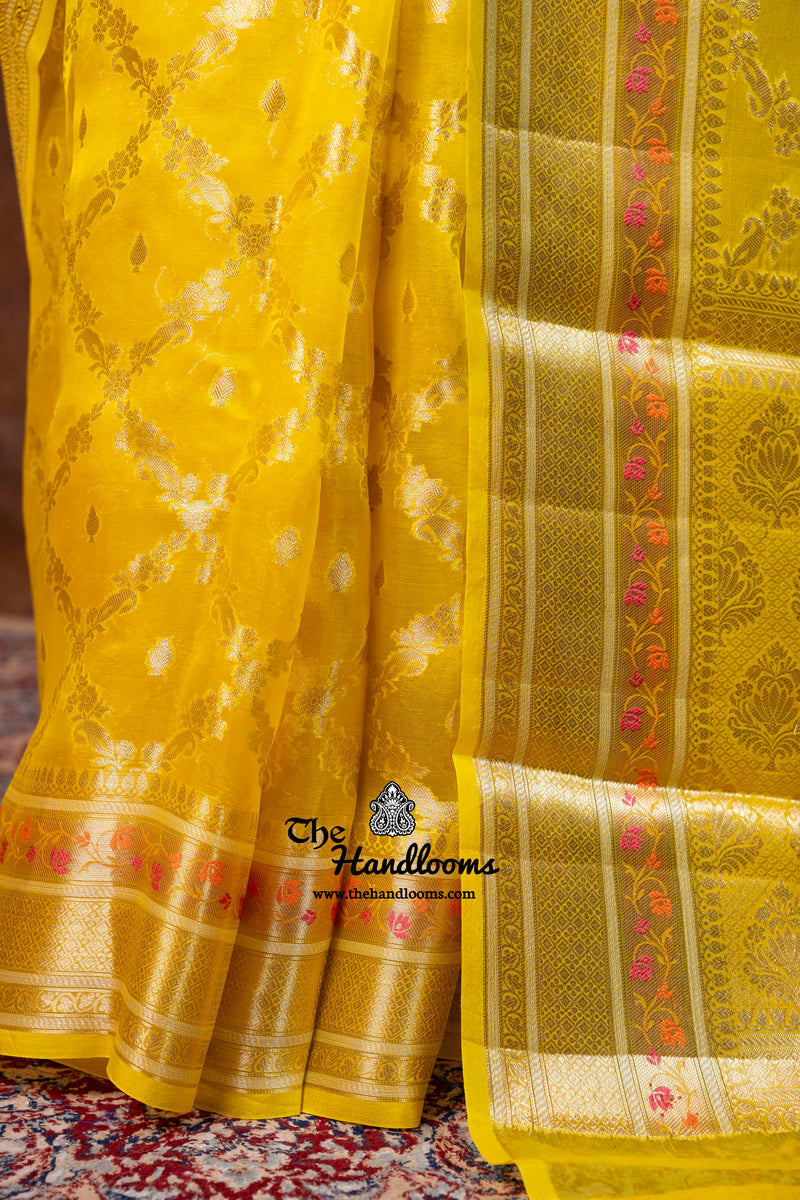 Yellow Pure Kora Silk Handloom Banarasi Saree
