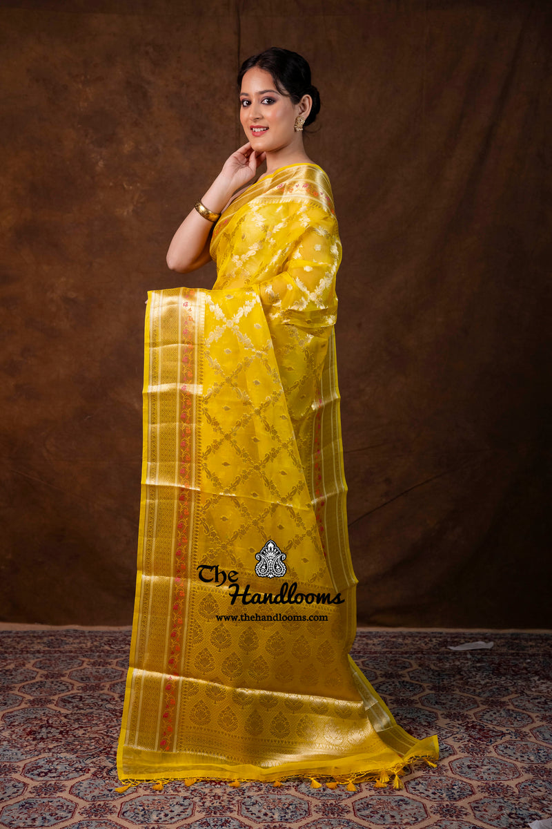 Yellow Pure Kora Silk Handloom Banarasi Saree