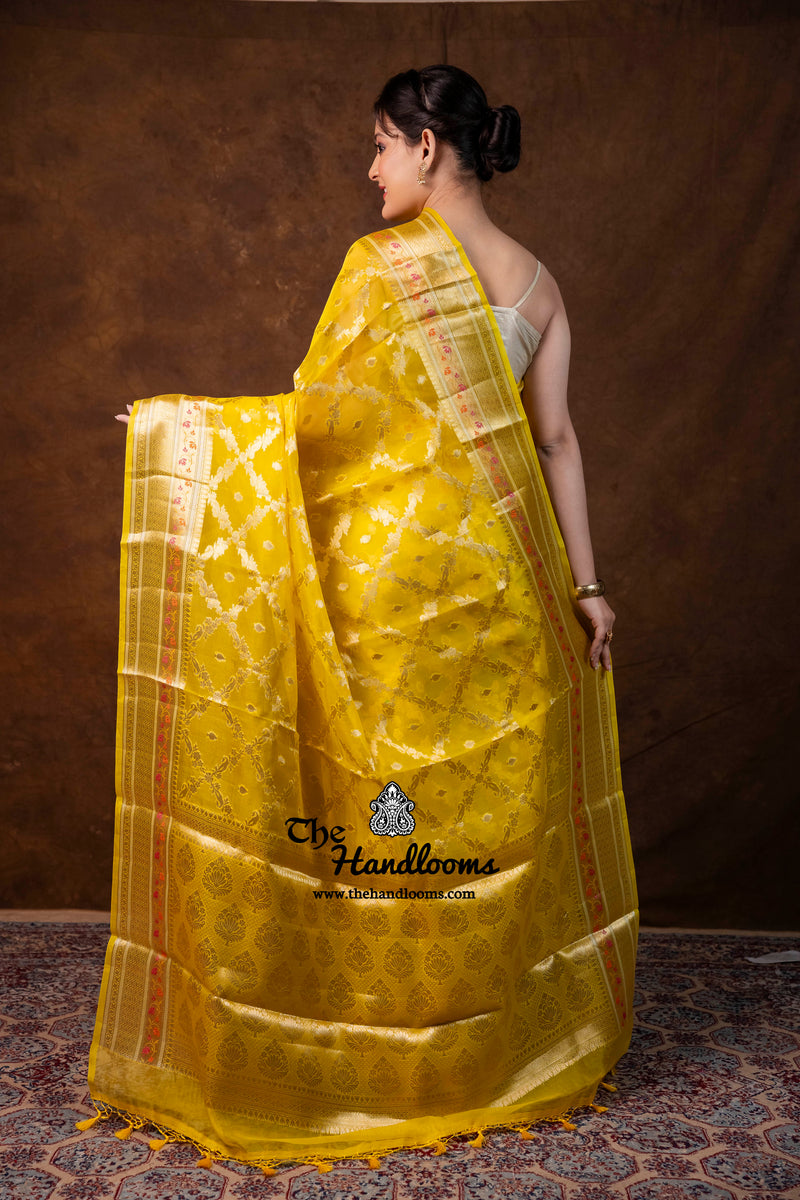 Yellow Pure Kora Silk Handloom Banarasi Saree